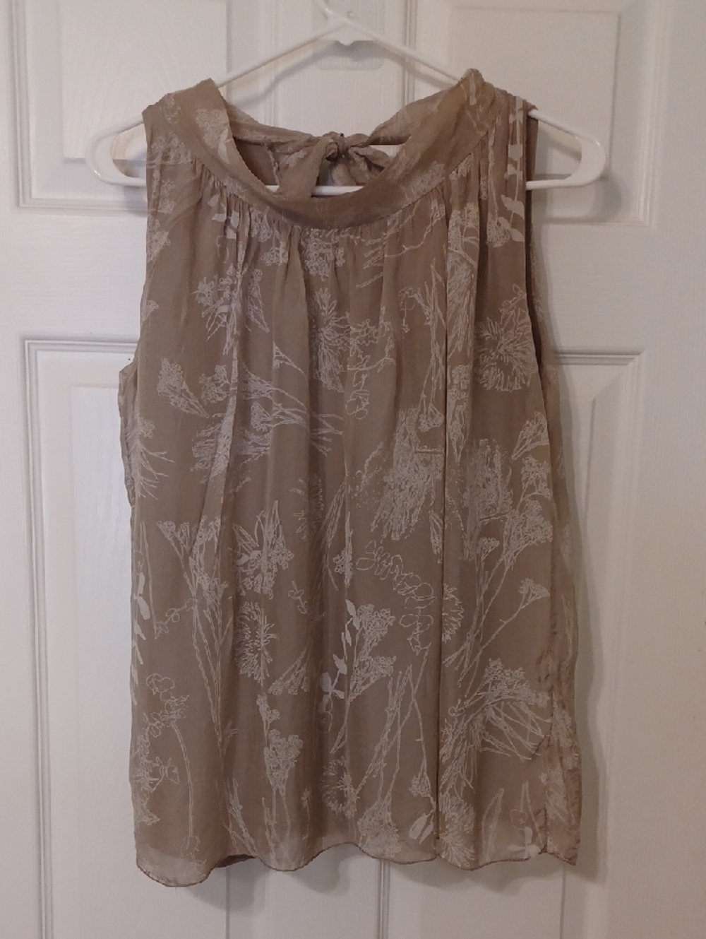 Elena Baldi Sz S, Silk Chiffon, Beige Floral Tie-Back Sleeveless, Lined Blouse